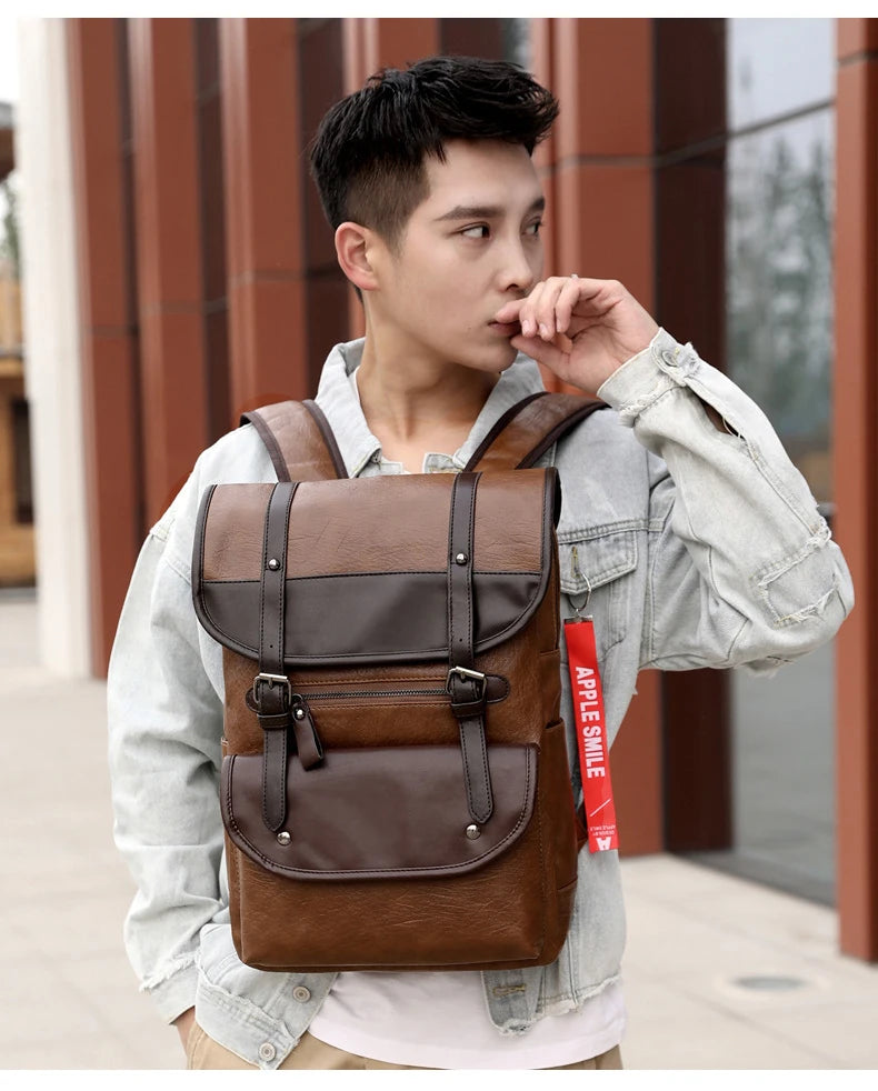 Khaki Vintage Laptop Leather Backpacks School Travel, Casual PU Leather Men Bags
