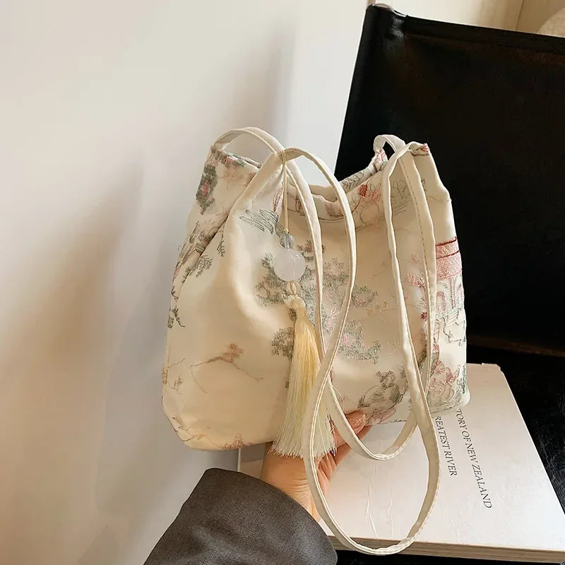 New Chinese Style Retro Bag 2026 New Models Silk Jacquard Fashionable Minimalist Bag Single Shoulder Diagonal Cross Women's Bag