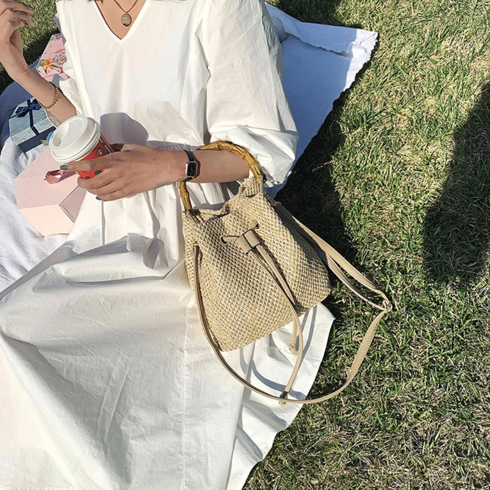 2026 Summer Beach Straw Bucket Bags Weave Tote Bag Female Bohemian Shoulder Bags for Women Lady Travel Handbags and Purses