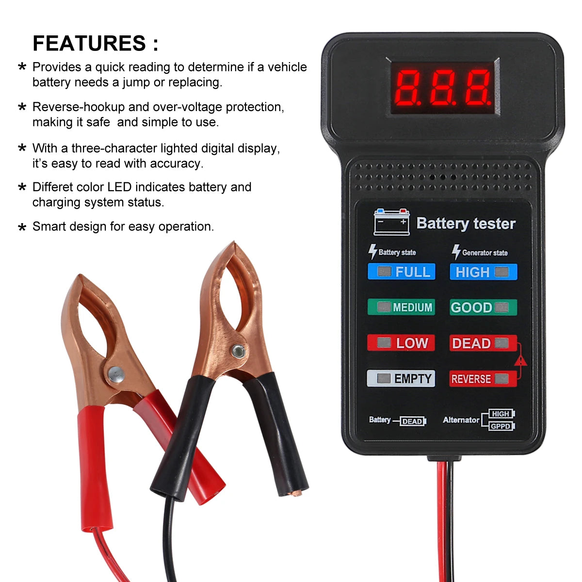 BT 171 Automotive Alternator Tester, LED Reverse Display, Multiple Protection, Display Battery Status, 12V for Automotive Repair