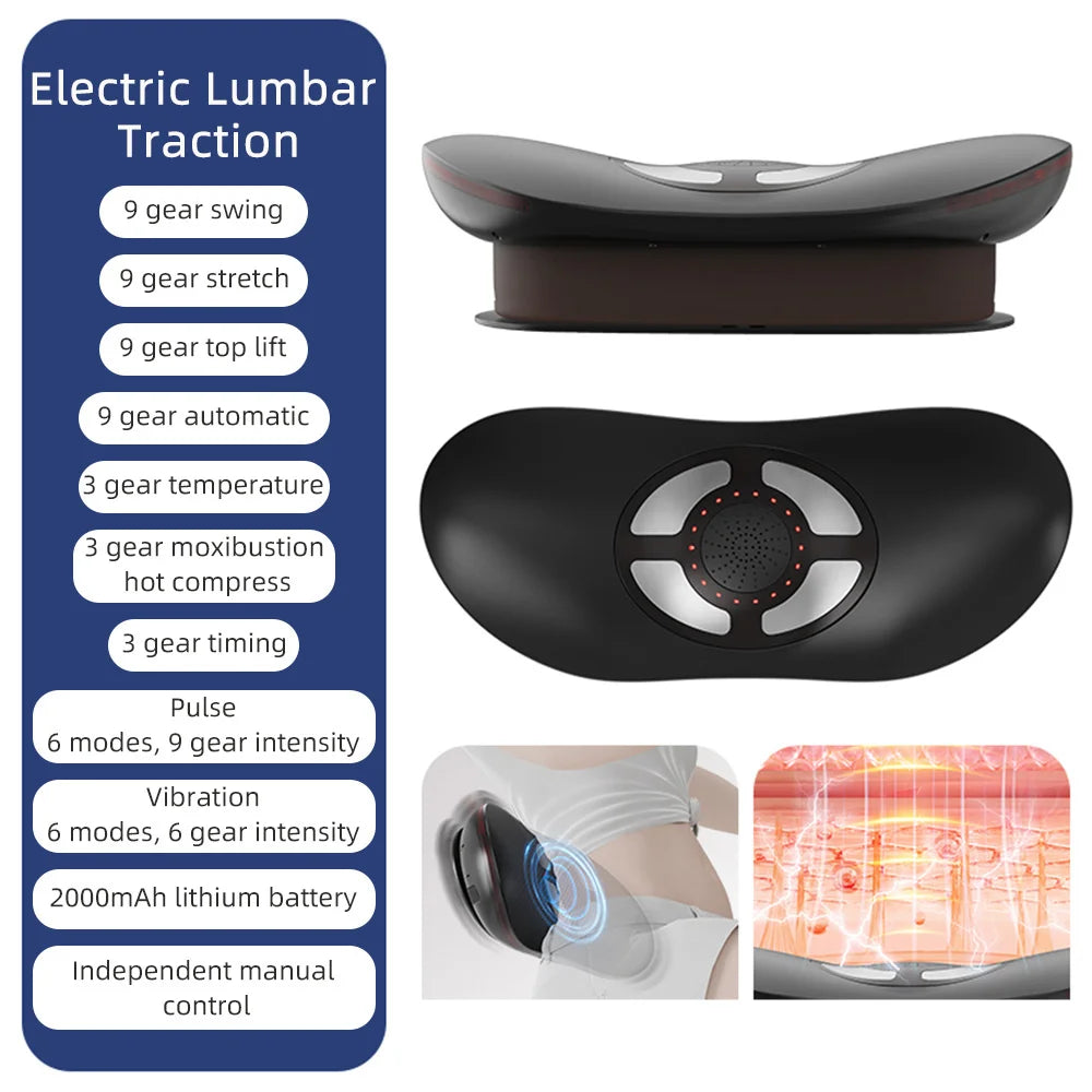 Electric Waist Traction Massager Height Adjustable Lumbar Traction Massager Waist Spine Support Waist Back Massage Machine Black