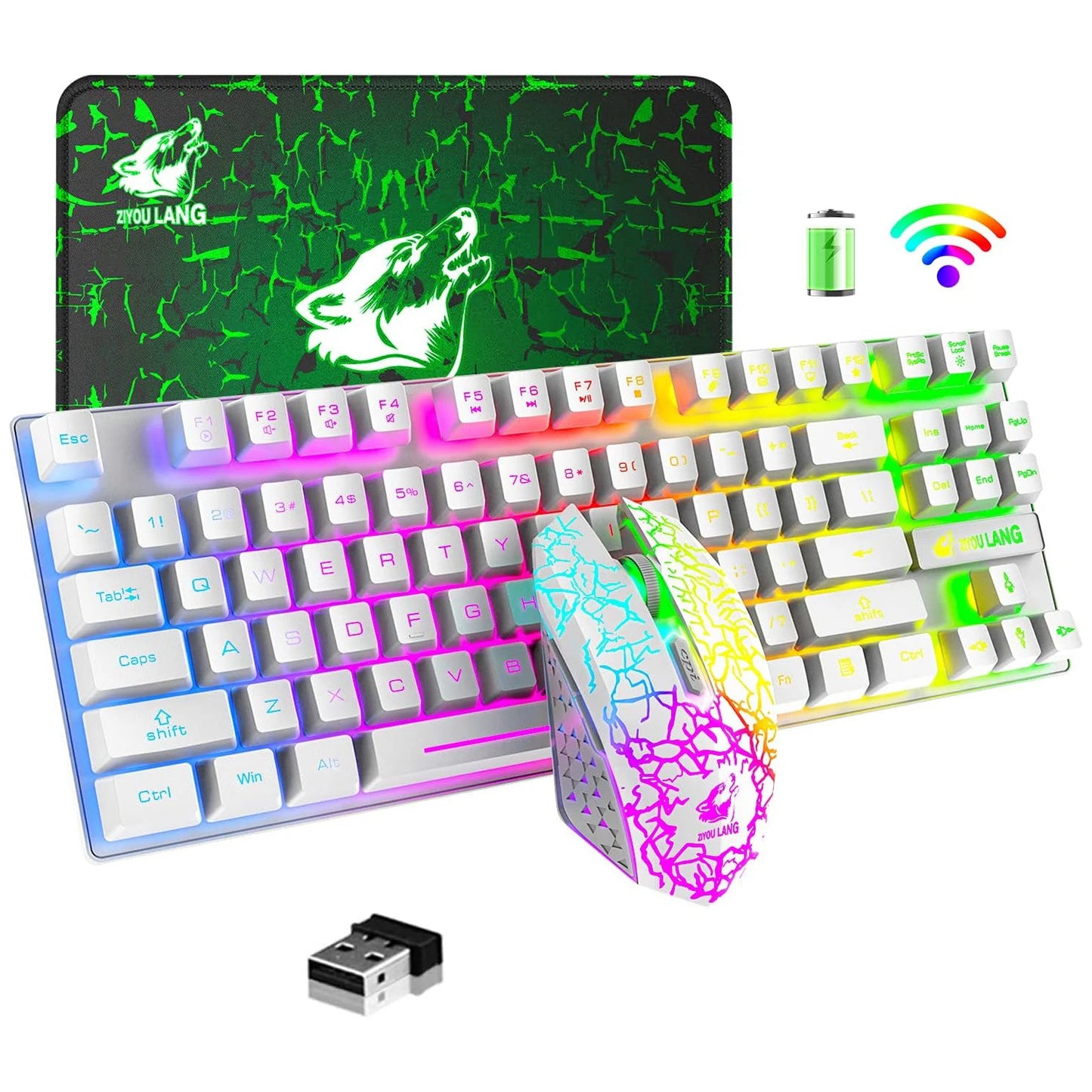 Wireless Gaming Keyboard and Mouse, Rainbow Backlit Rechargeable 3800mAh Battery