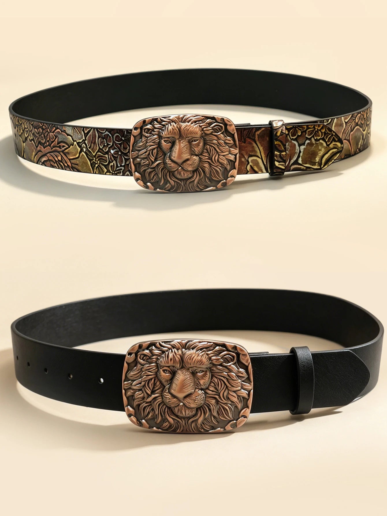 Vintage Lion Head Engraved Belt, Antique Bronze Buckle Men's Floral Embossed Cowboy Waistband
