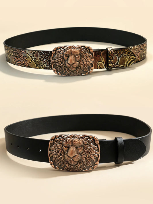 Vintage Lion Head Engraved Belt, Antique Bronze Buckle Men's Floral Embossed Cowboy Waistband