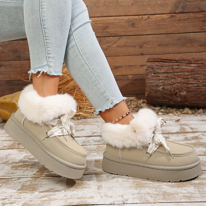 Faux Fur Thick Bottom Snow Boots Women Cross Lace Up Thicken Plush Warm Winter Boots Woman Slip On Platform Ankle Booties Mujer