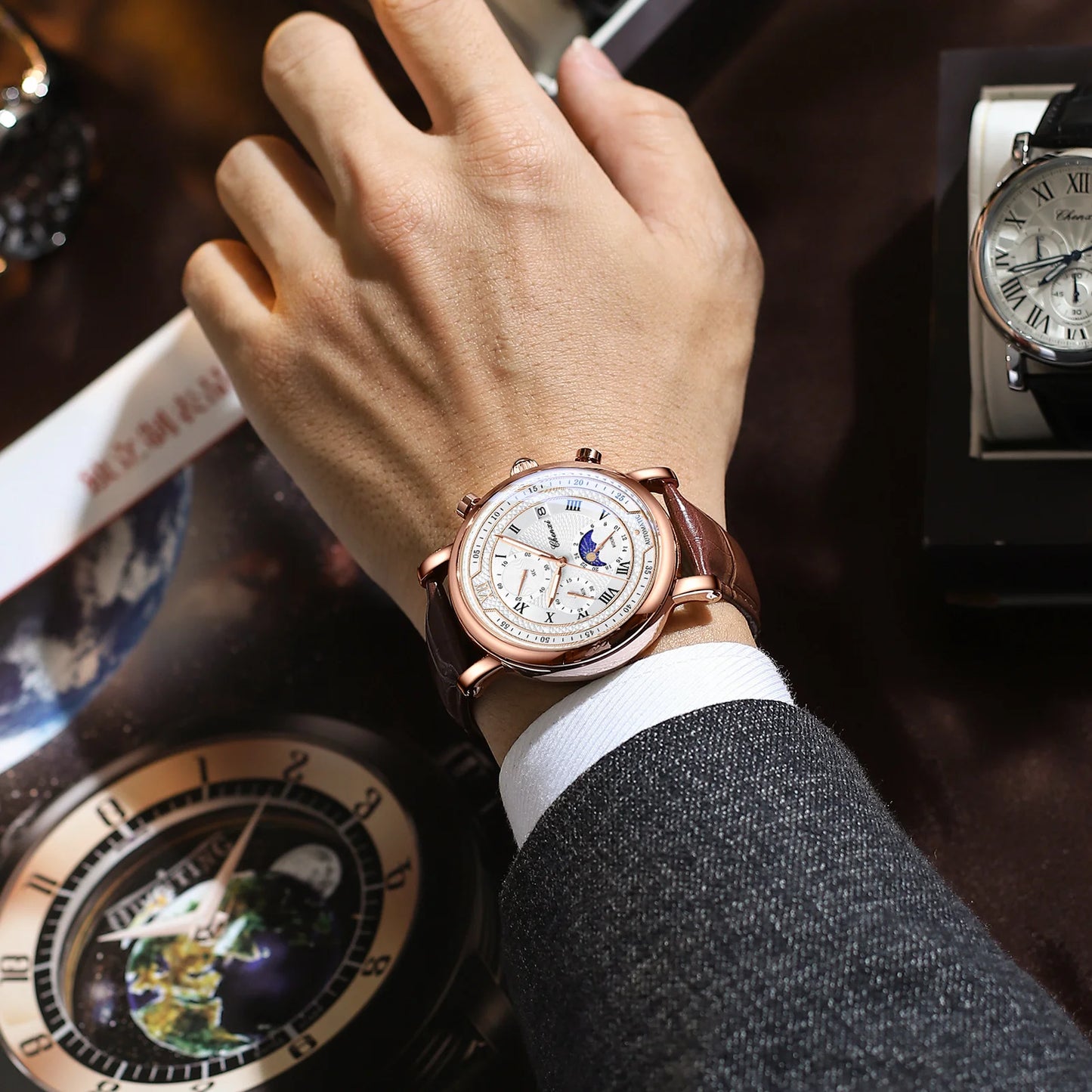 Chenxi Men' Leather Chronograph Phase The Moon Luminous Quartz Watch SilverShell