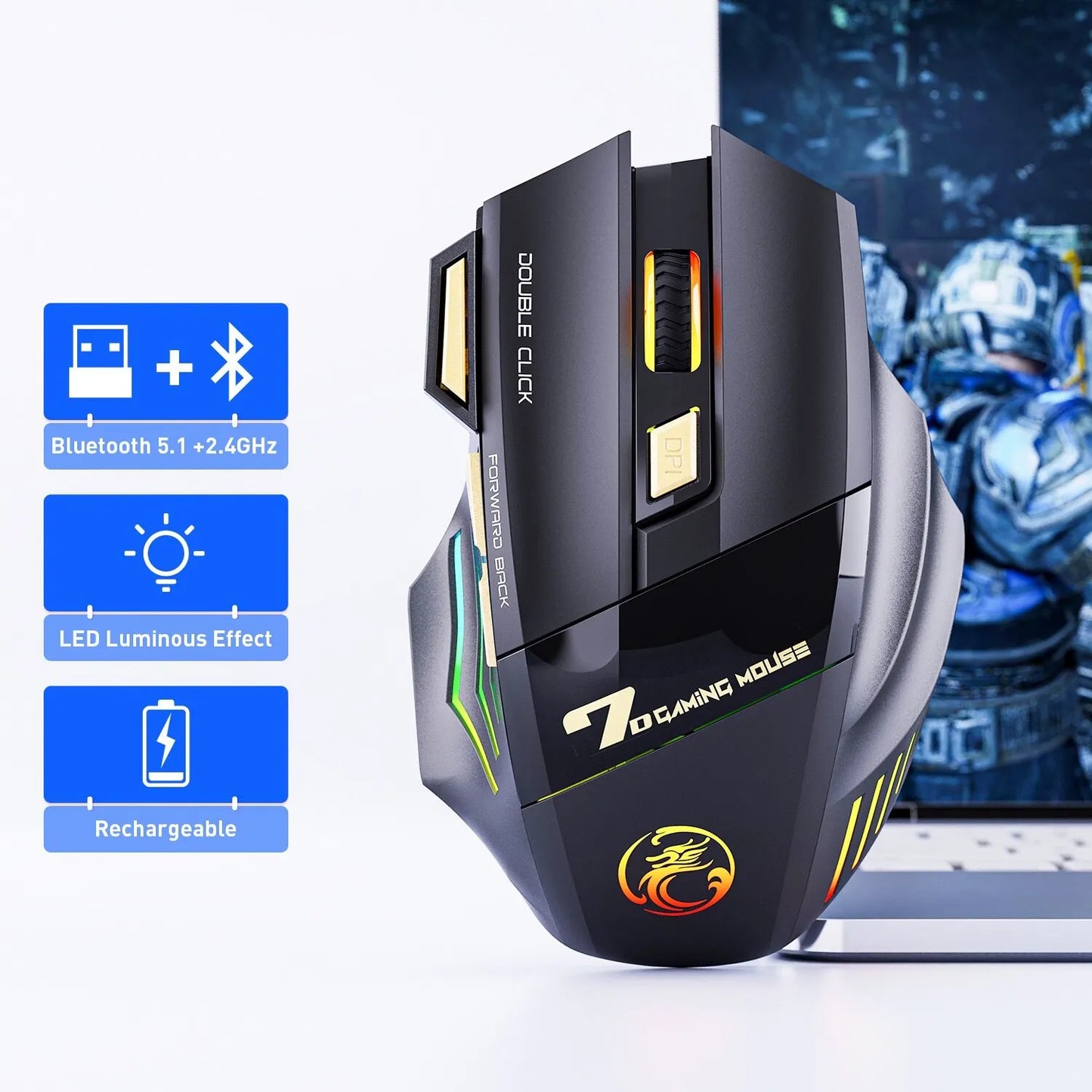 GW-X7 Wireless Gaming Mouse, 3200DPI Bluetooth 7 Buttons, Rechargeable, RGB LED