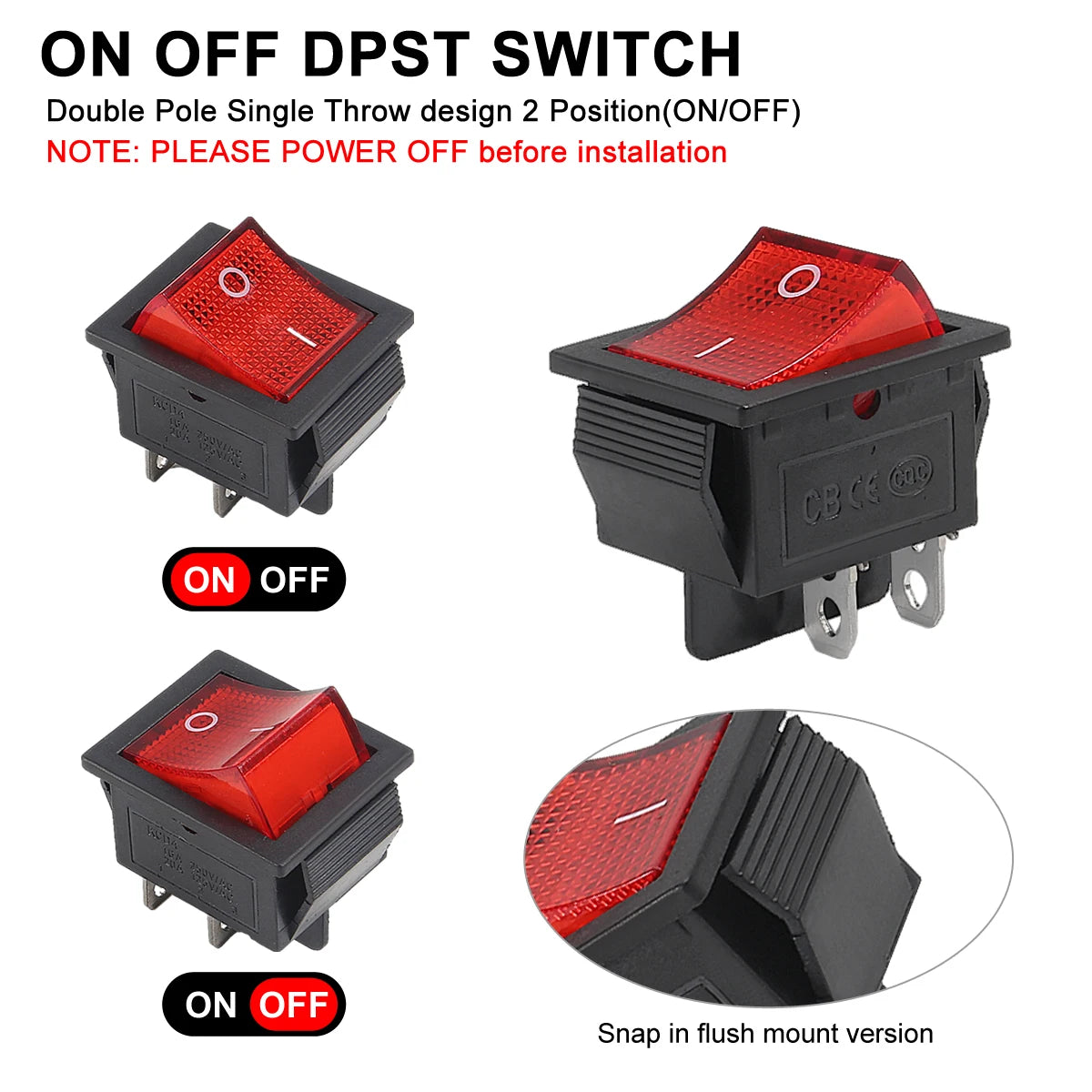 5pcs Rocker Switch AC 10A/125V 6A/250V DPST 4 Pins 2 Position ON/Off Red LED Light Illuminated Boat KCD4 Rocker Switch Toggle