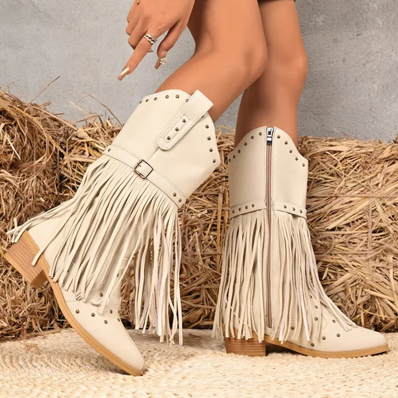 Street Style Rivet Tassel Boots Women 2025 New Beige Plus Size 36-43 Mid-Calf Boots for Woman Pointed Toe Zipper Up Botas Female