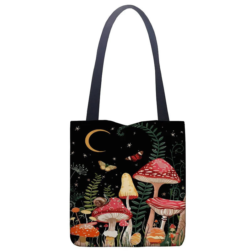 Art Forest Red Mushroom Pattern Tote Bag, Line Bag Bright Moon Women's Handbag