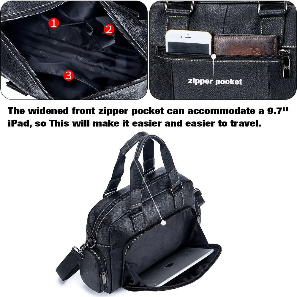 BULLCAPTAIN Men's Leather Briefcase Can Be Used For 14-Inch Laptop Business Shoulder Messenger Handbag Leisure Travel Bags
