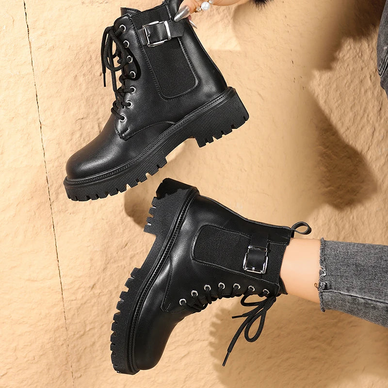 Fashion Buckle Platform Motorcycle Boots Women Black Pu Leather Lace Up Ankle Boots Woman British Style Thick Sole Short Booties