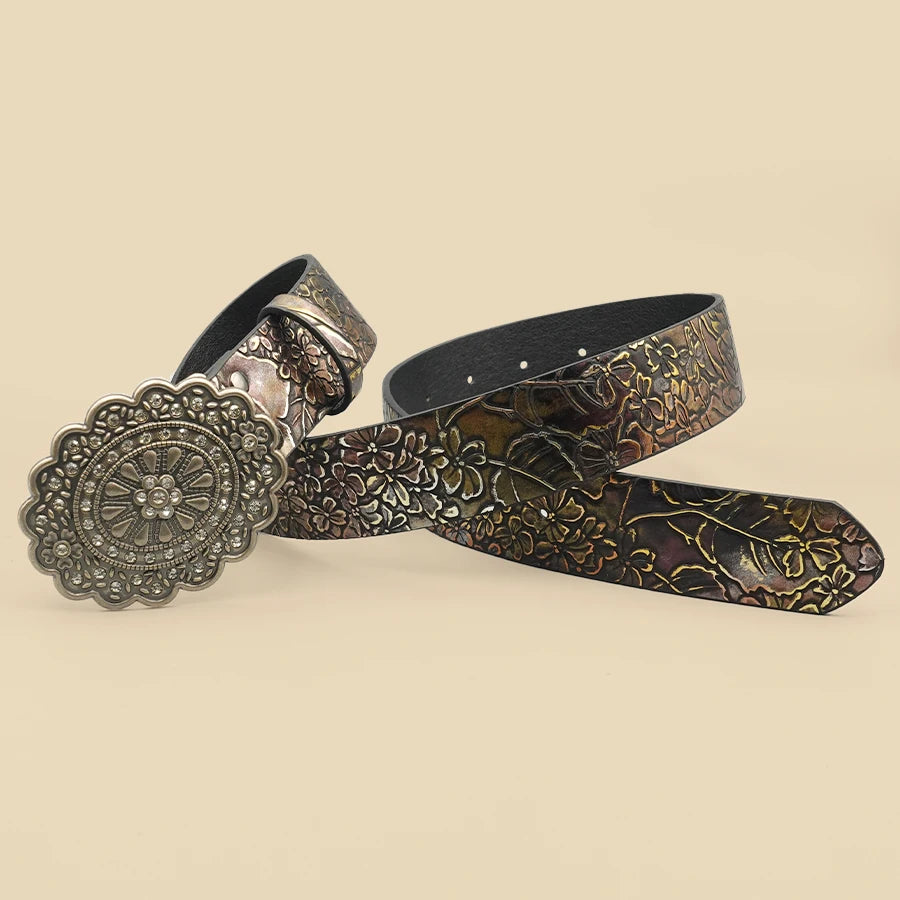 Elegant Vintage Women's Belt - Crystal Rhinestone & Leaf Pattern, Timeless Fashion for Casual Chic