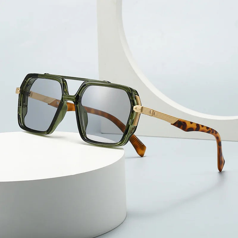 JNPCXI Ins Popular Fashion Double Bridges Square Sunglasses Women Retro Rivets Green Green Men Punk Sun Glasses Shades UV400