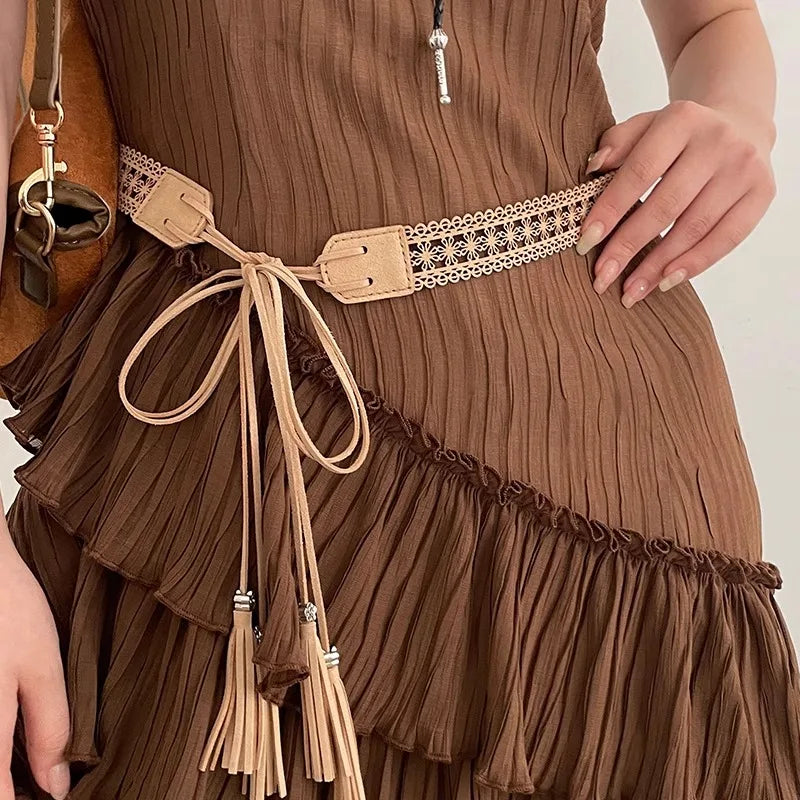 Braided Hollowed-Out Ethnic Belt New Bohemian Accessories Thin Leather Belt With Skirt Ins High-End Sense Of Versatile