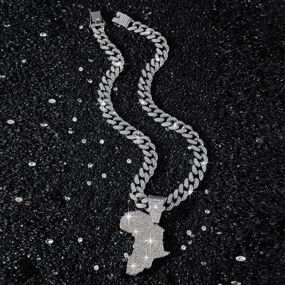 Men Women Hip Hop Africa Map Pendant With 13mm Rhinestones Miami Cuban Chain HipHop Iced Out Bling Necklaces Fashion Jewelry
