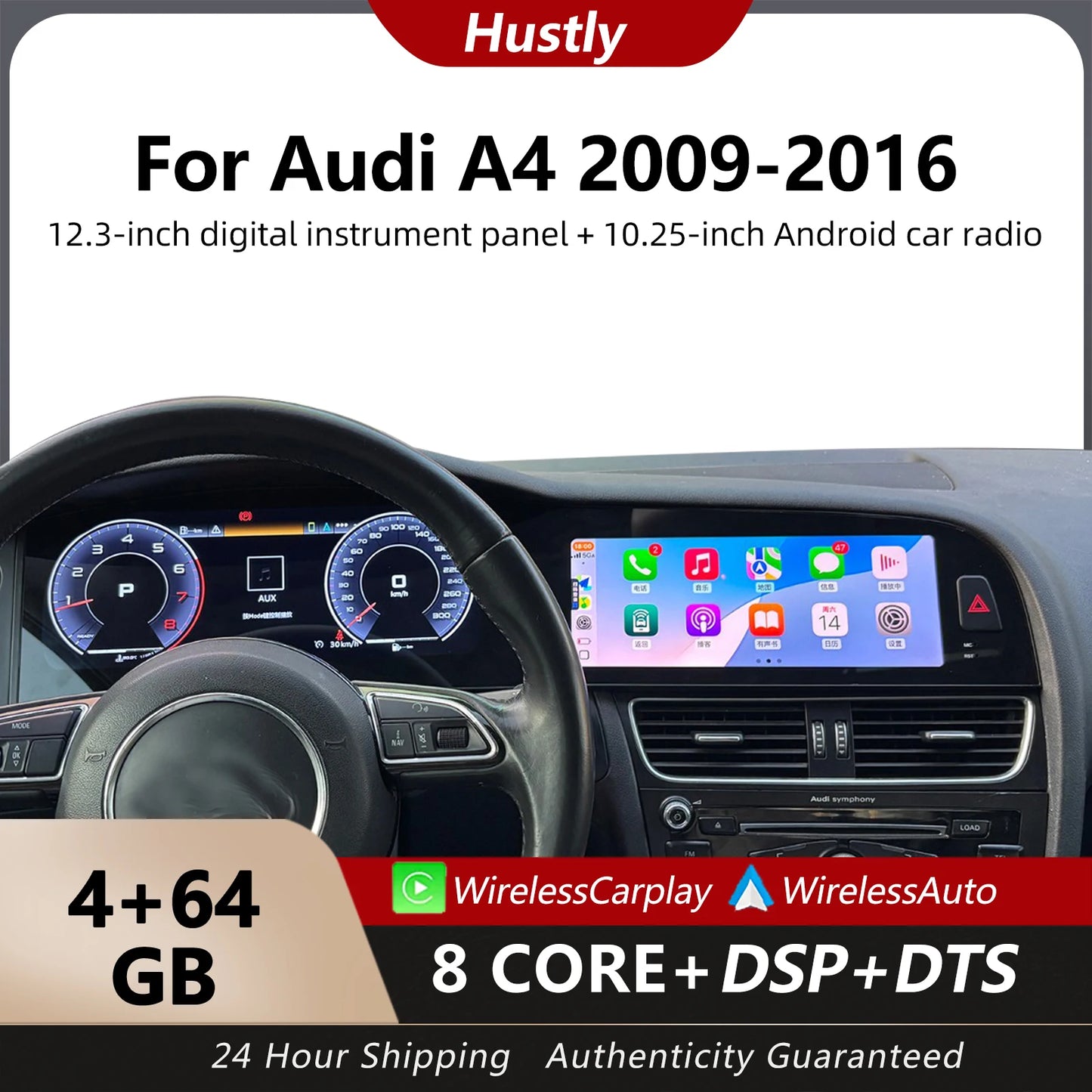 For Audi A4 2009-2016 digital instrument panel, speedometer, Android radio, wireless CarPlay, GPS navigation 4+64GB