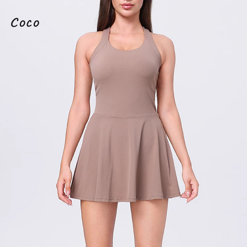DIAS FIT JOY Anti peek tennis skirt cycling one-piece fitness yoga skirt hollowed out beautiful back