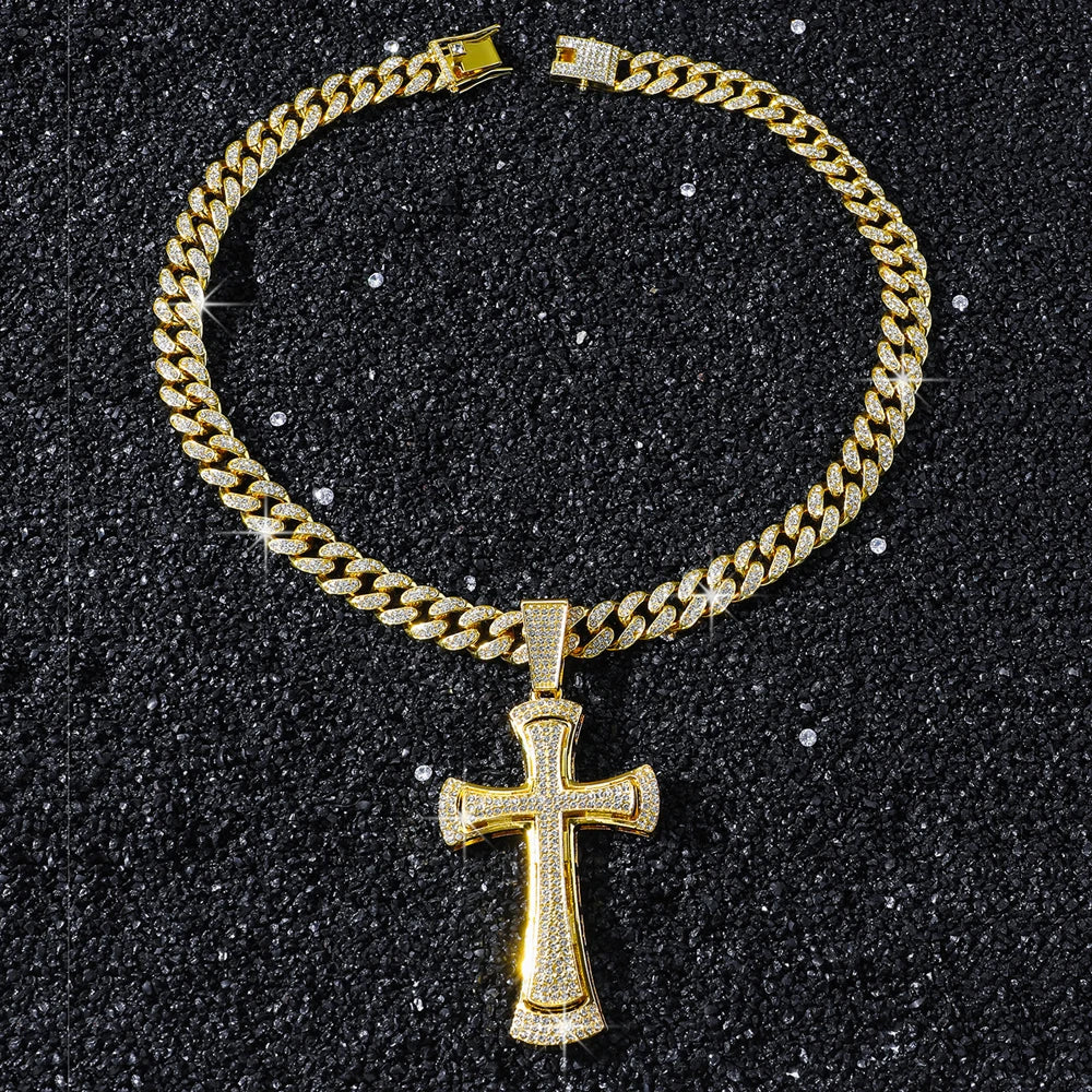 Men Women Hip Hop Cross Shiny Pendant Necklace 13mm Miami Cuban Chain Charm Bling Exquisite Necklaces Jewelry Fashion Charm Gift