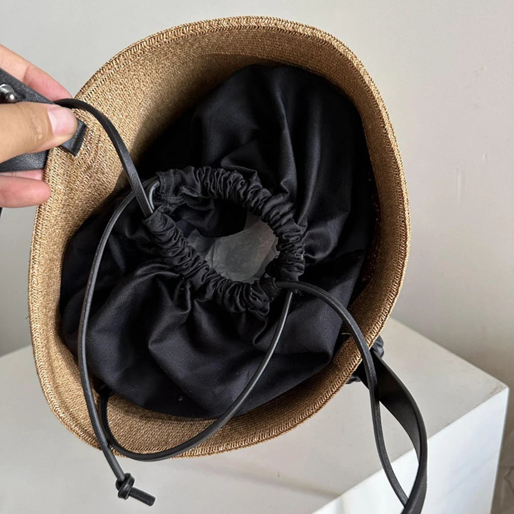 Woven Straw Bag Women with Adjustable Strap Beach Bag Solid Shoulder Handbag