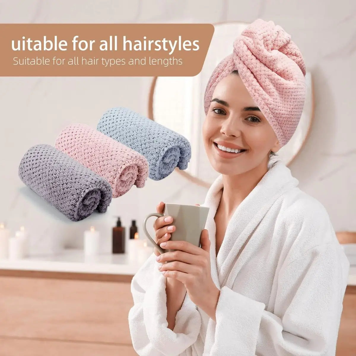 1pc Soft Hair Drying Cap, Solid Color Towel for Bathroom, Super Absorbent Hair Wrap Towel for Curls, Anti-Frizz Hair Turban