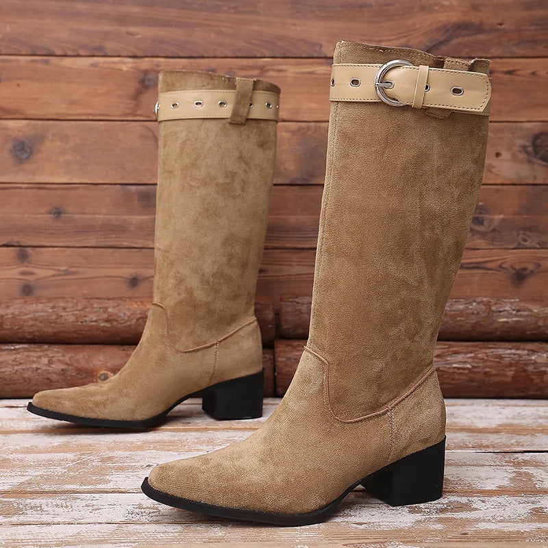 Pointed Toe Flock Knee High Boots Women 2026 Belt Buckle Block Heel Riding Boots Woman Plus Size 42 Thick Heels Long Botas Mujer