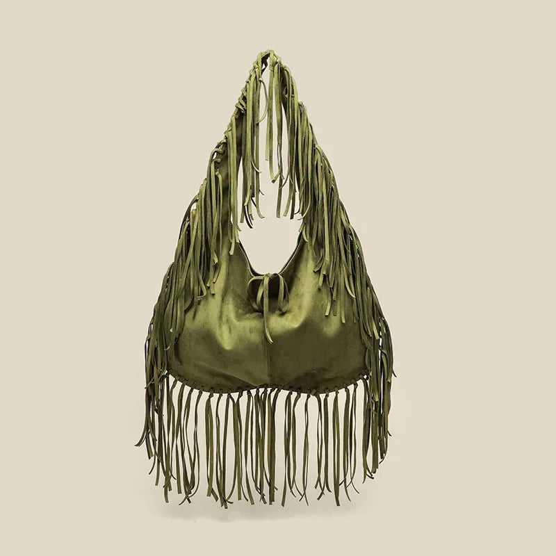 Green Retro Tassel Women Armpit Bag Suede Design Dumpling Shoulder Bag W.Cowboy