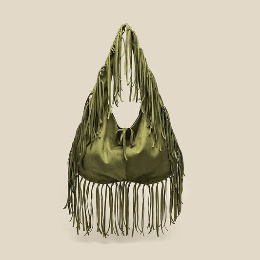 Green Retro Tassel Women Armpit Bag Suede Design Dumpling Shoulder Bag W.Cowboy