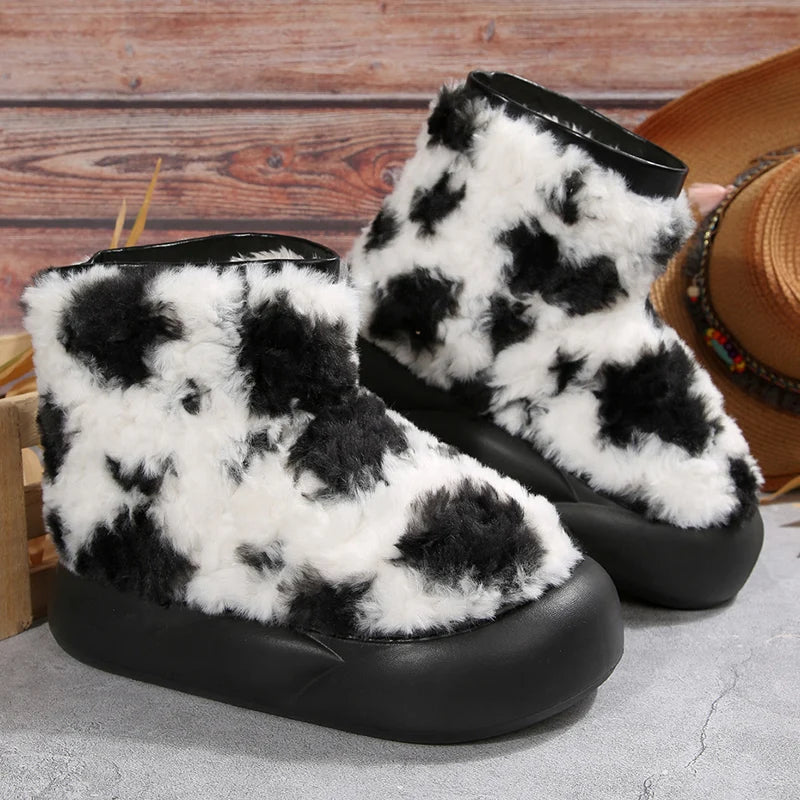 Thick Sole Fluffy Snow Boots Women Vintage Printed Thicken Plush Winter Ankle Boots Woman Non Slip Platform Cotton Padded Shoes