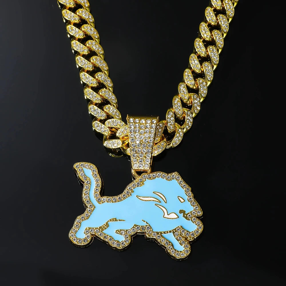 Men Women Hip Hop Blue Wolf Pendant Necklace With 13mm Crystal Cuban Chain HipHop Iced Out Bling Necklaces Fashion Charm Jewelry