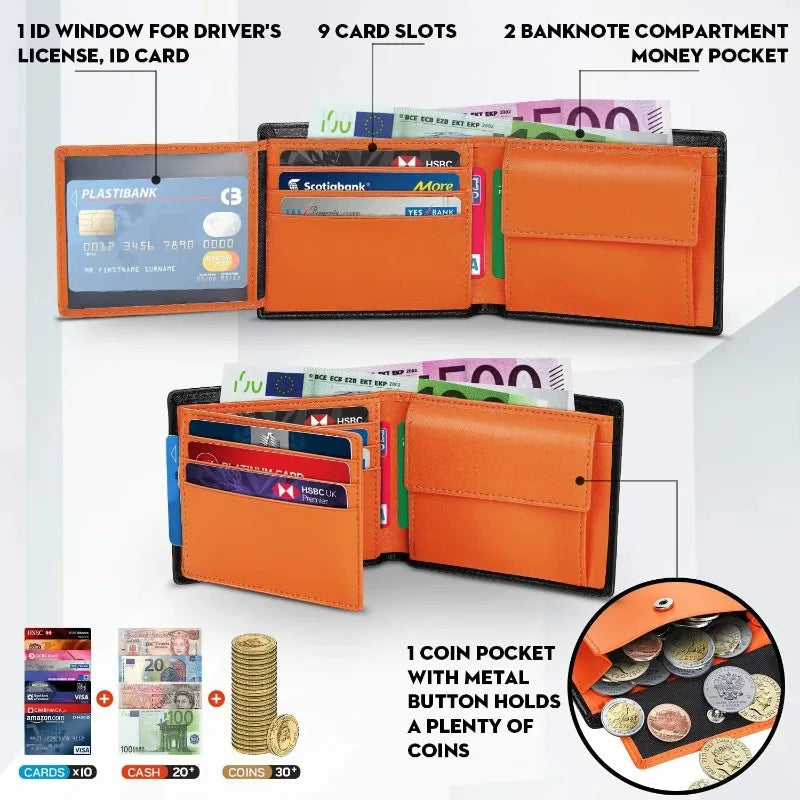 Minimalist Men Wallet with Zipper Coin Pocket RFID Credit Card Holder Tri-fold Multi-card Slot Document Holder Protective Cover