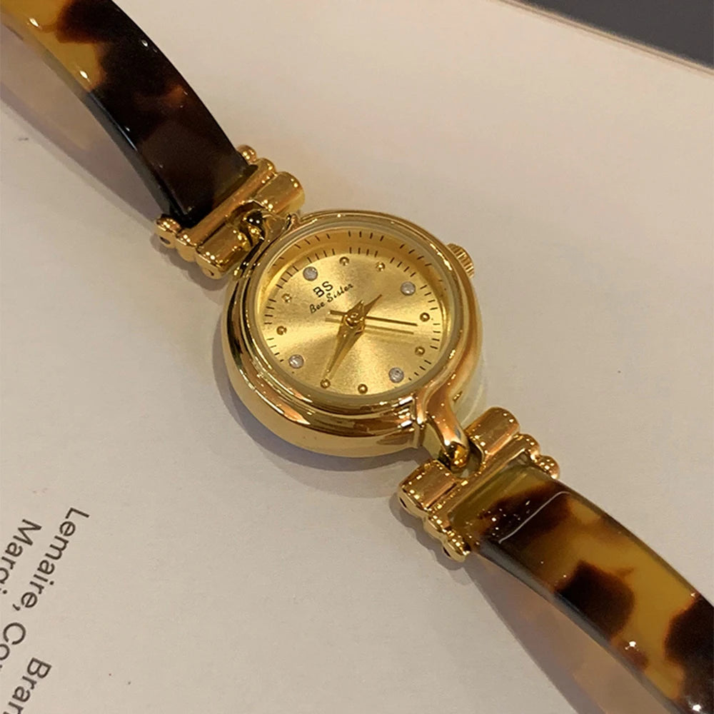 Bee Sister Women's Wristwatch Elegant Tortoiseshell Amber Fashion Vintage Golden Bracelet Chain Quartz Watch Women Gift