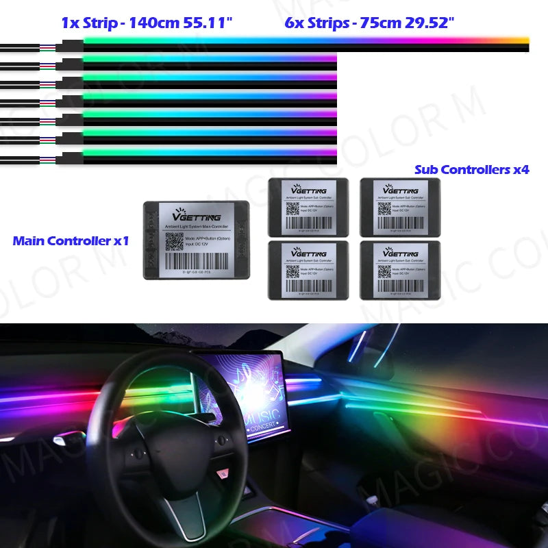 140cm/55.1inch Car Ambient Lights Universal LED Symphony RGB Atmosphere Lamp Acrylic Strips APP Control for Tesla Model 3 Y S X