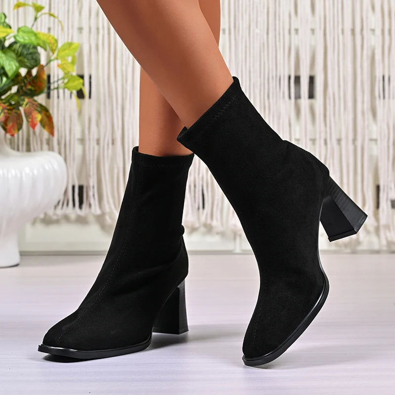 Flock Thick High Heels Ankle Boots Women Plus Size 42 Back Zipper Short Booties Mujer Small Square Toe Fashion Boots Woman