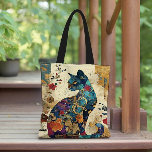 Floral Cat Pattern Tote Bag, Aesthetic Canvas School Shoulder Bag light Shop Bag