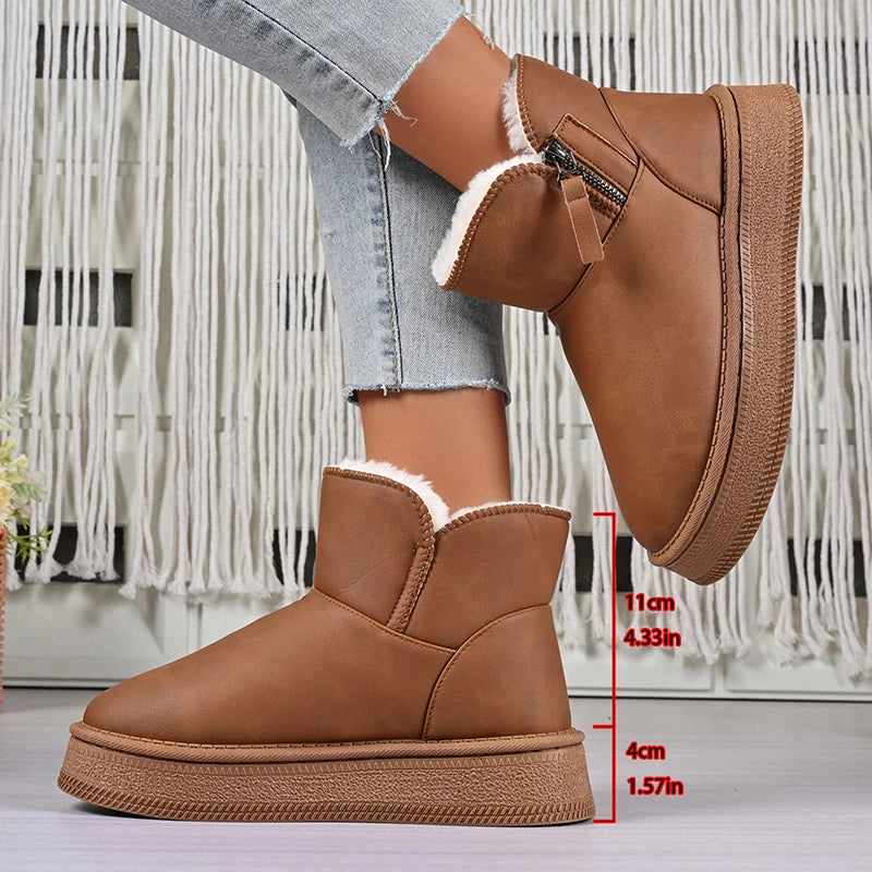 Pu Leather Warm Thicken Plush Snow Boots Women Comfort Thick Sole Non Slip Cotton Padded Shoes Woman Zipper Fluffy Winter Boots