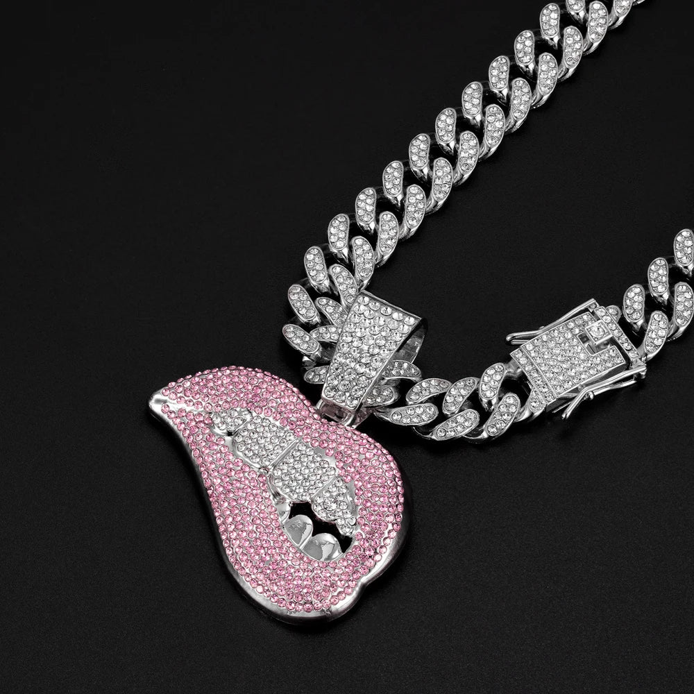 New Men Women Hip Hop Bite Lip Shape Pendant Necklace with 13mm Crystal Cuban Chain Iced Out Bling HipHop Necklace Charm Jewelry
