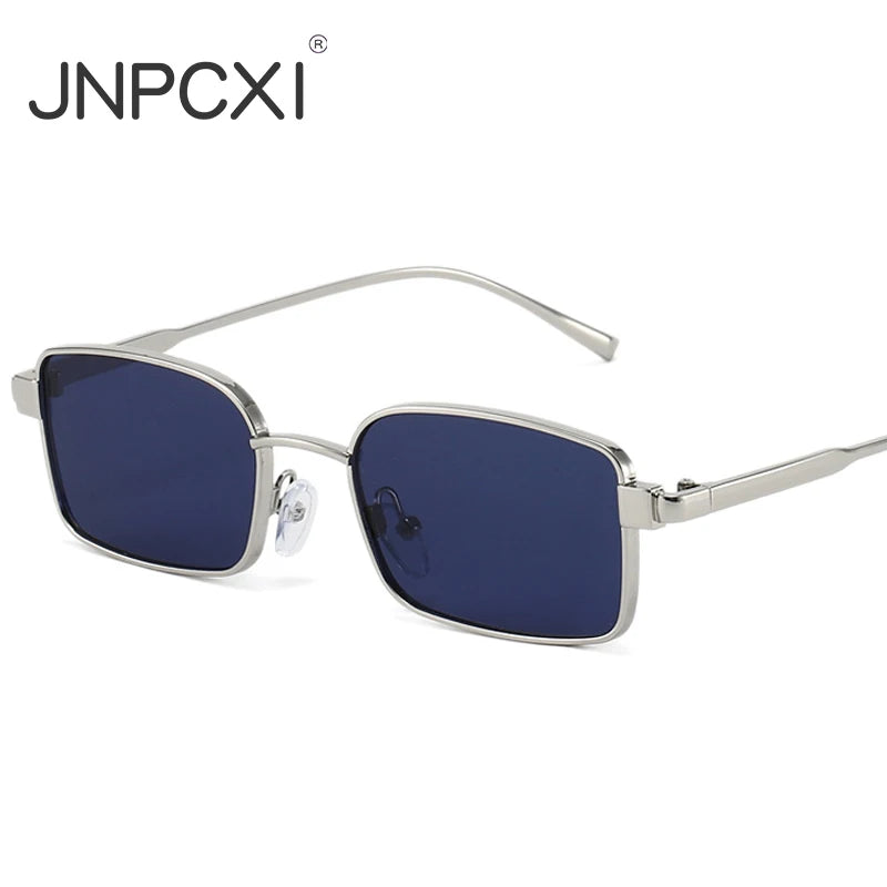 JNPCXI New Metal Rectangle Women Sunglasses Fashion Silver Blue Gradient Shades UV400 Men Punk Sun Glasses
