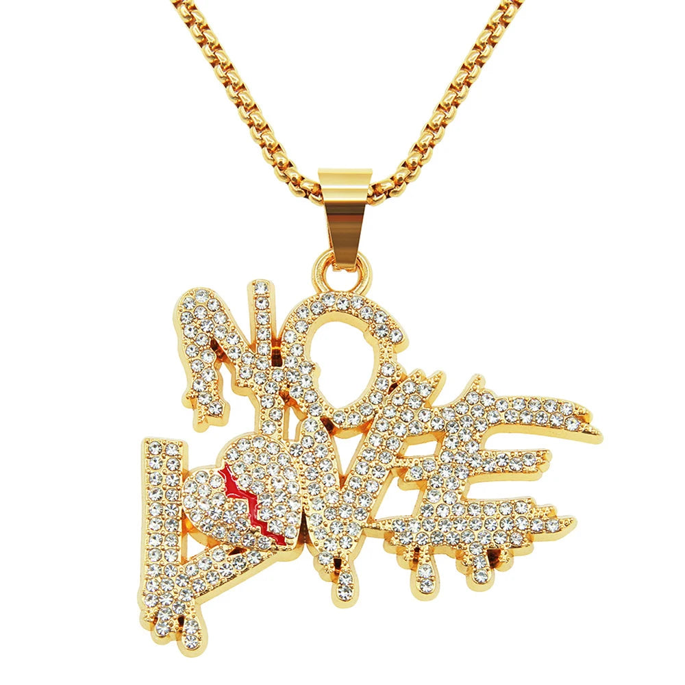 Hip Hop Iced Out Bling Crystal Cuban Chains NO LOVE Necklace Pendants For Men and Women Heart Broke Statement Necklaces Jewelry