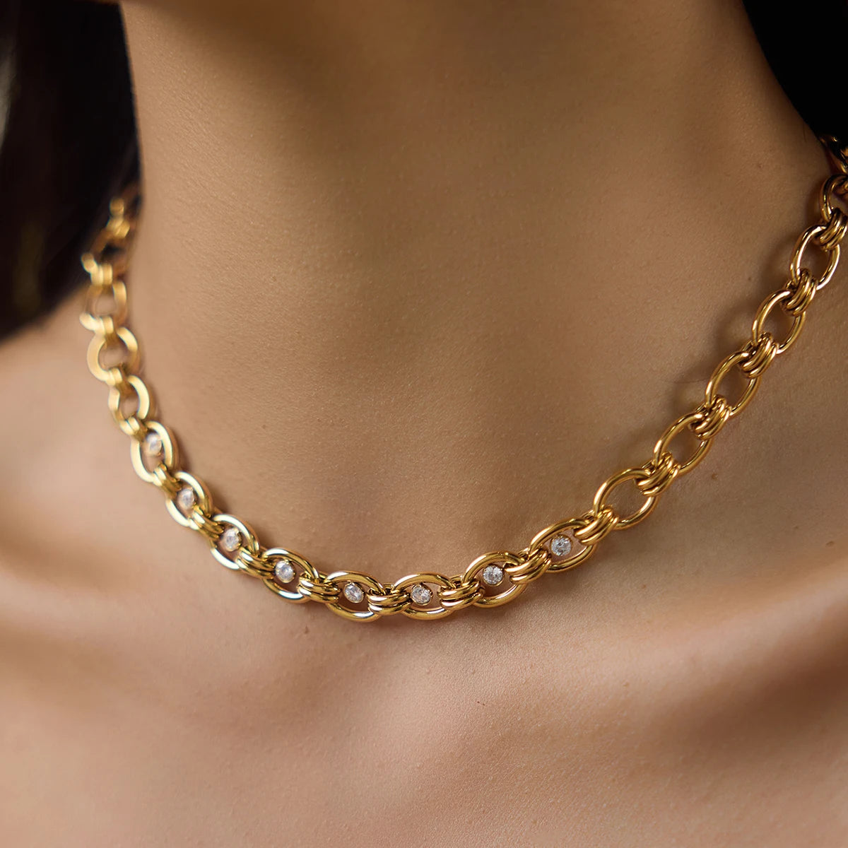 Uworld Delicate Zircon Chunky Chain Necklace Bracelet For Women Minimalist 18K Gold PVD Plated Stainless Steel Necklace Bracelet