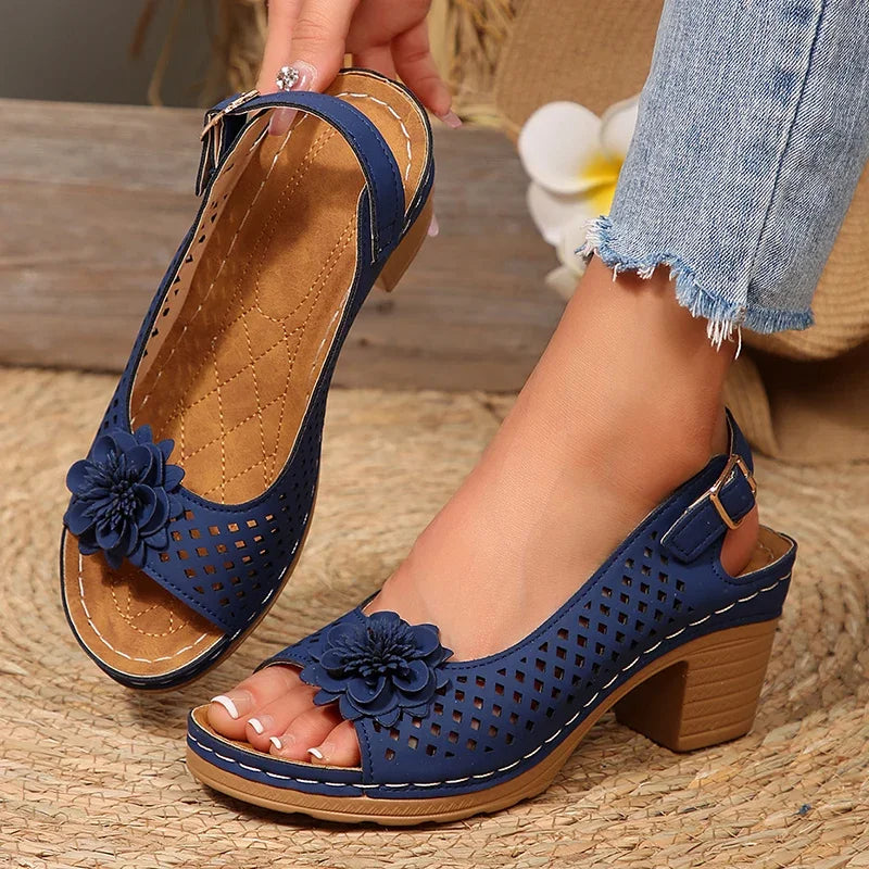 Fashion Flowers High Heels Sandals Women Back Strap Hollow Out Summer Sandles Woman 2025 Plus Size Thick Heeled Sandalias Mujer