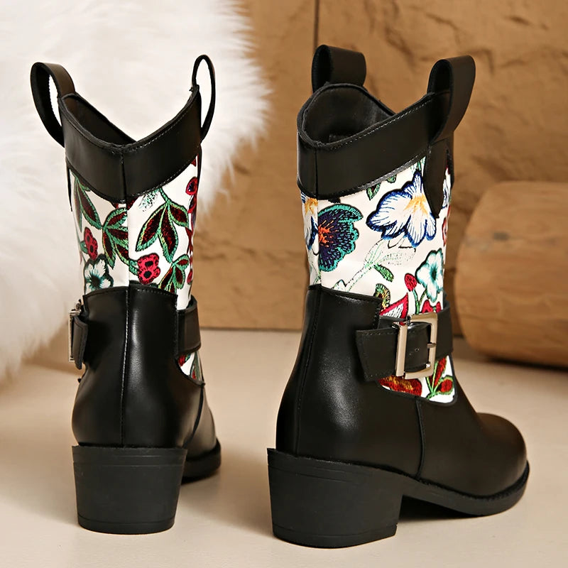 Vintage Flower Embroidery Western Boots Women Fashion Buckle Thick Heel Ankle Boots Woman Slip On Pointed Toe Short Booties 43