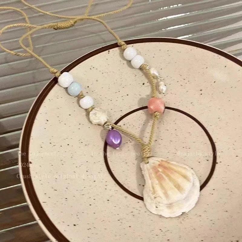 Summer Beach Shell Starfish Pendant Necklace for Women Girls Elegant Imitation Pearl Clavicle Chain Vacation Jewelry Accessories
