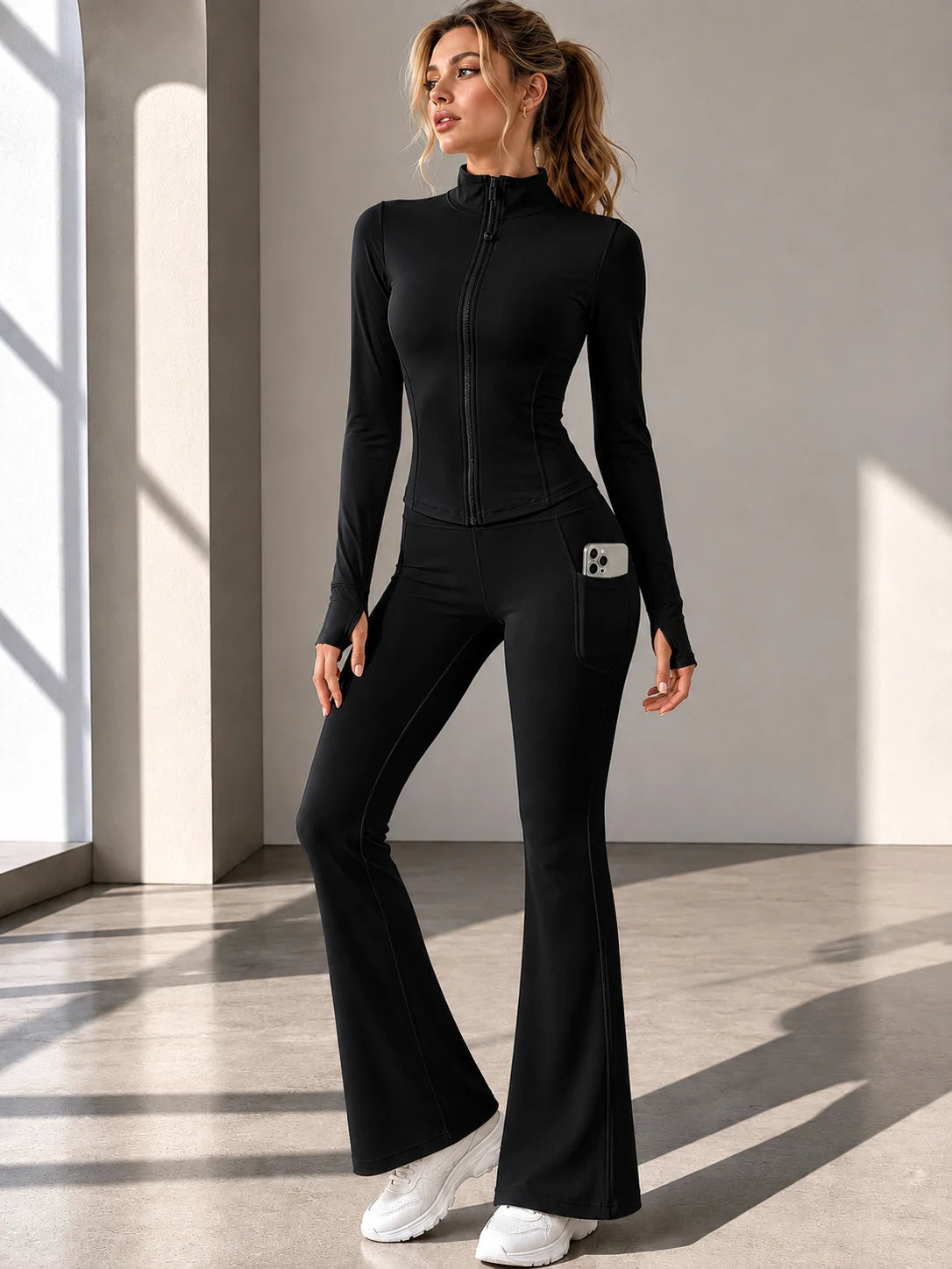 Polyester Spandex Women Yoga 2Pcs Suit Zip Slim Jacket High Waist Flare Pants Pocket Gym Workout Running Sportswear