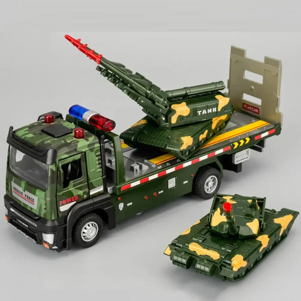 1:32 Military Tank Flatbed Trailer Model Toys Car Alloy Diecast Transport Vehicle Sound Light Pull Back Door Opened Toy Kid Gift