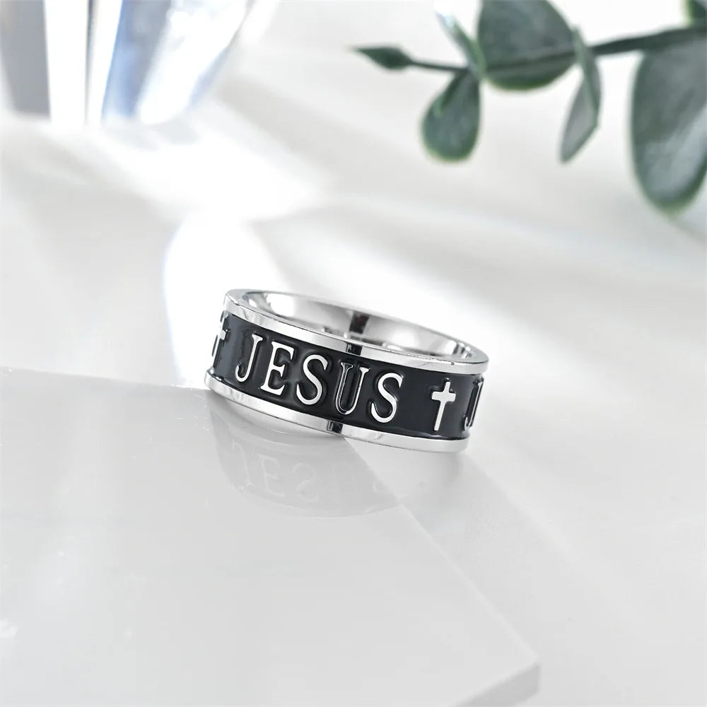 Punk Black Jesus Ring for Men, Never Fade Cross Stainless Steel Signet Ring