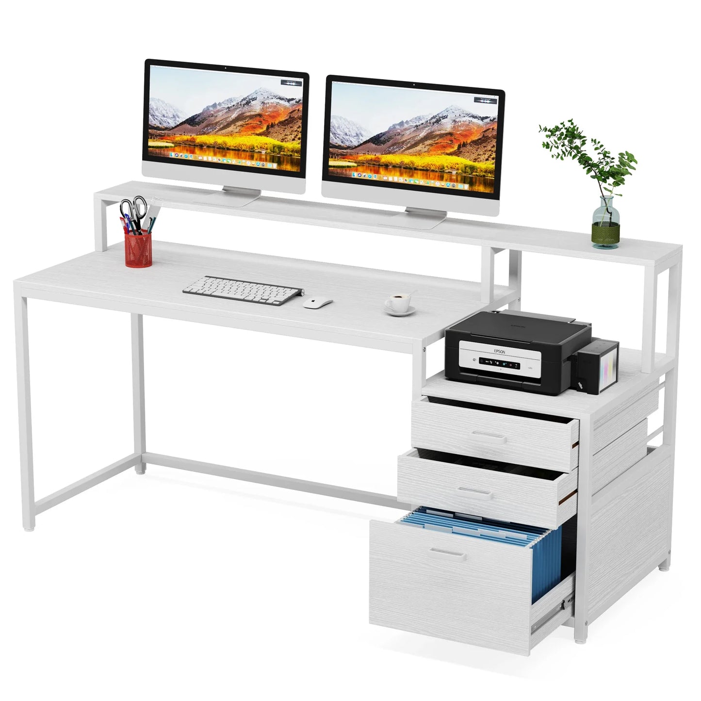Tribesigns 63" Computer Desk with File Drawer Cabinet, Ergonomic Monitor Stand