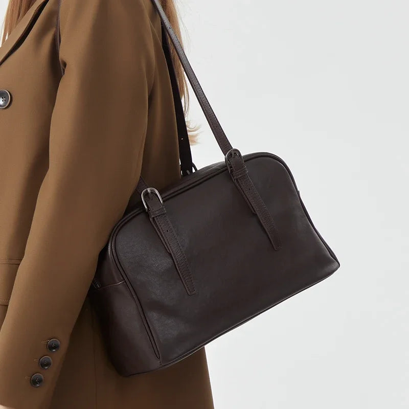 women's Vegetable tanned Cow leather bowling bag female niche retro large capacity genuine leather Crossbody shoulder bag