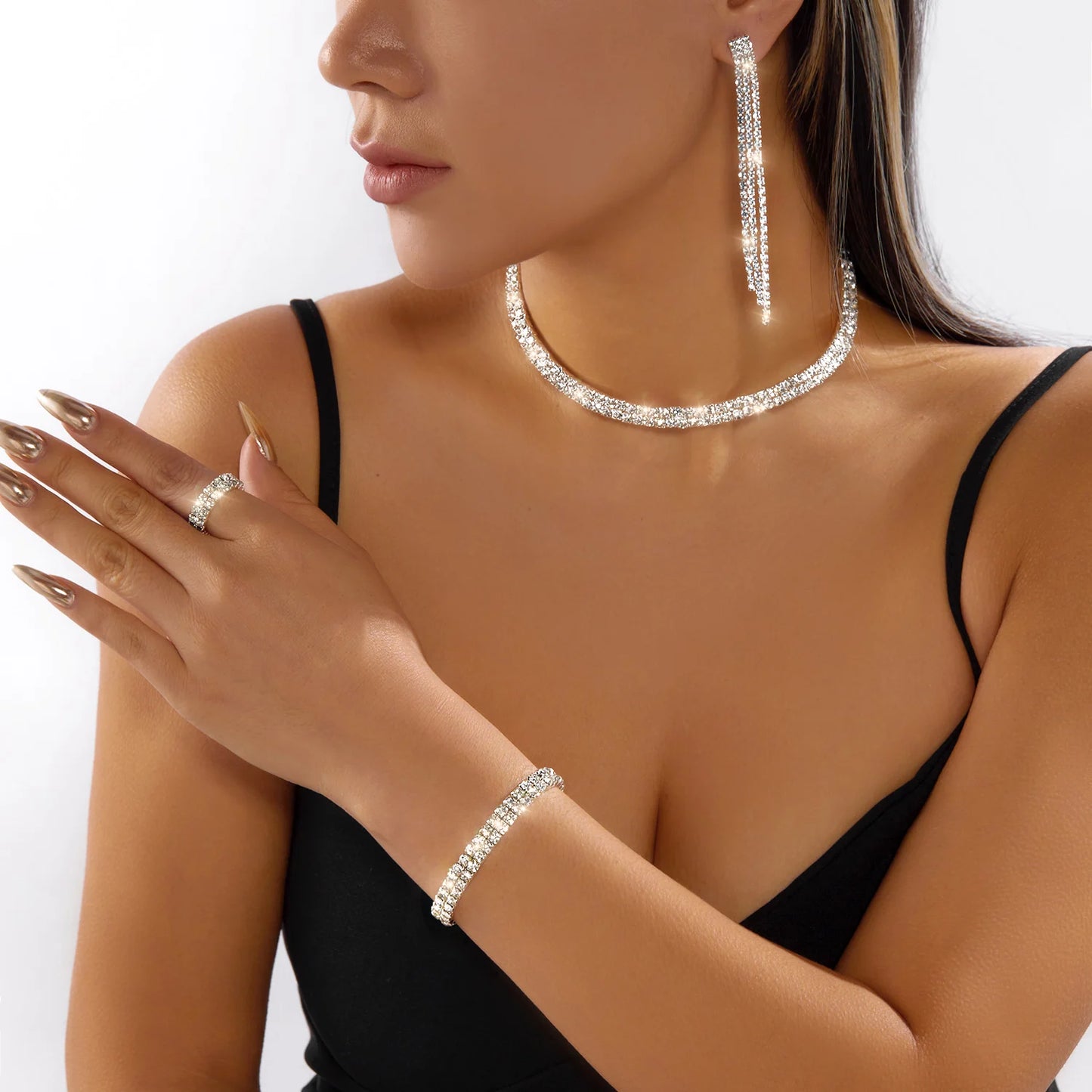 Luxury Pearl Rhinestone Choker Necklace & Bracelet Set for Women Elegant Silver Color Collar Bridal Wedding Jewelry Accessories