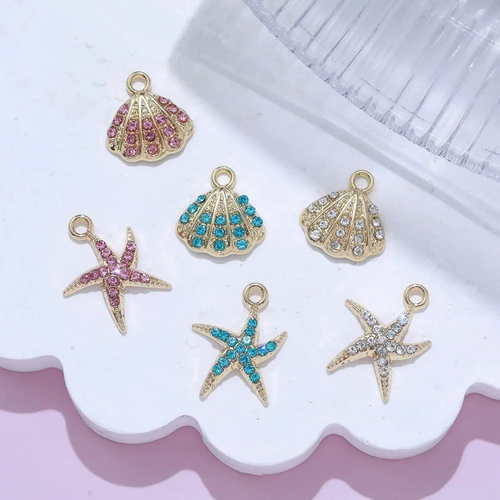 10Pcs Gold Plated Crystal Shell Starfish Charm Pendant for Jewelry Making Bracelet Necklace DIY Accessories Craft Findings